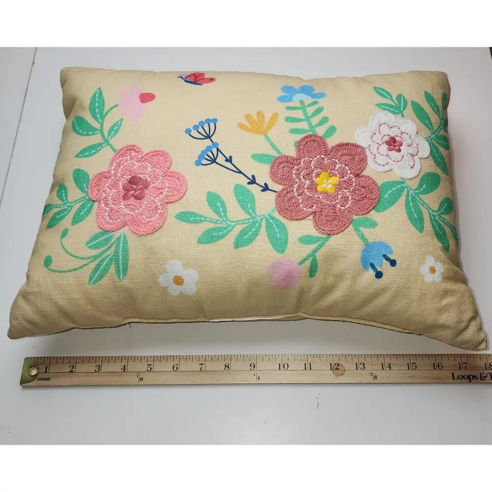 Spritz Lumbar Floral Embroidered and printed Spring Cottage Throw Pillow 18x12